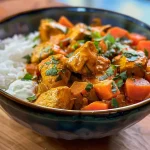 Close-up view of a bowl of healthy chicken curry with vibrant vegetables.
