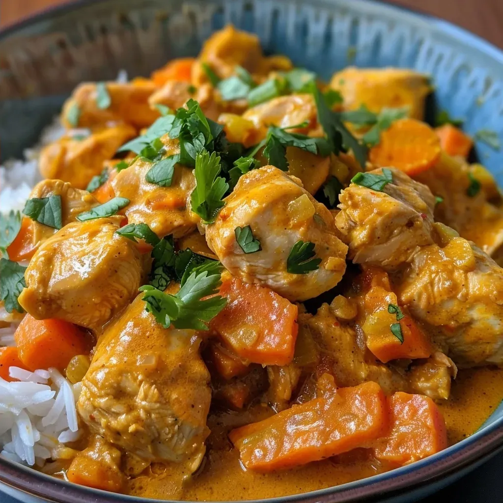 Juicy chicken pieces in a rich curry sauce with herbs and spices.