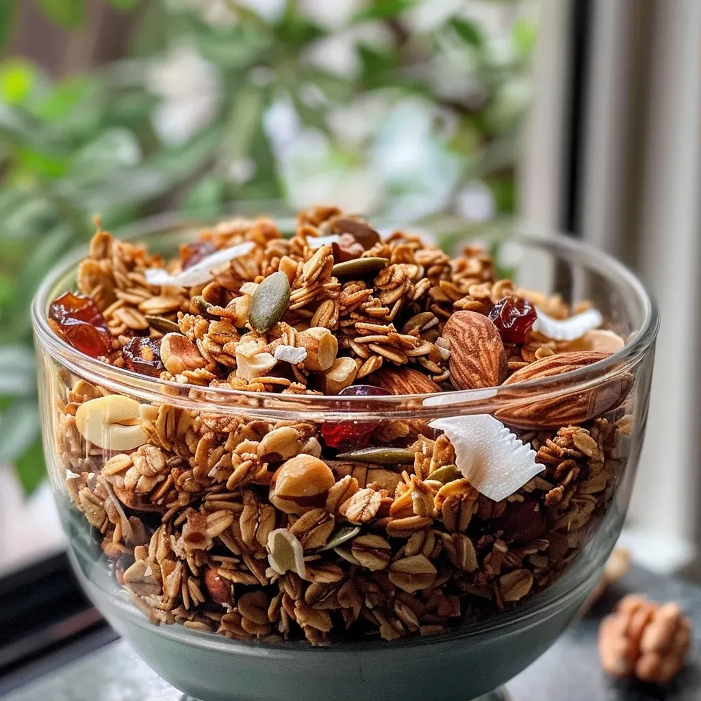Close-up side view of golden-brown granola in a bowl, showcasing mixed nuts and dried fruits.