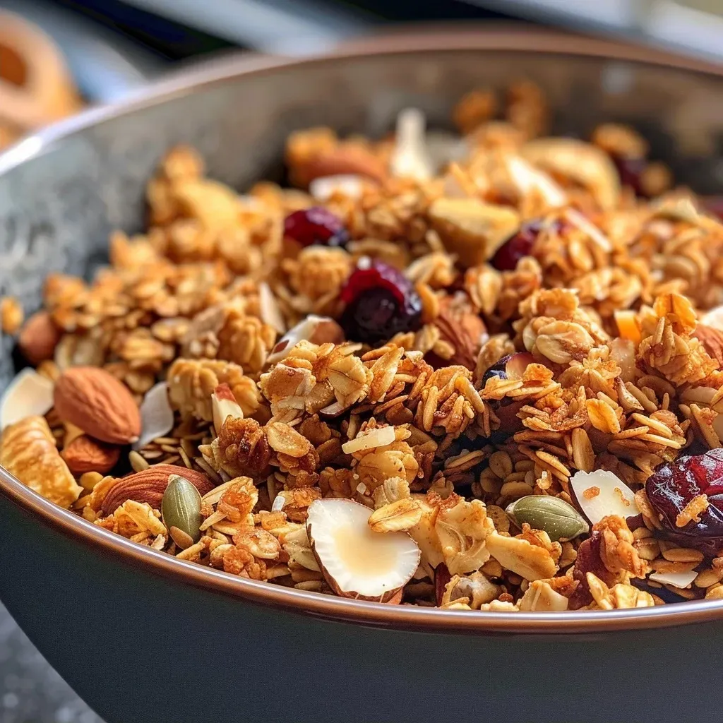 Richly textured air fryer granola with a variety of ingredients, including oats, seeds, and coconut flakes.