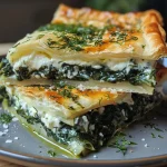 Close-up side view of a golden-brown Greek spinach pie with a flaky crust.