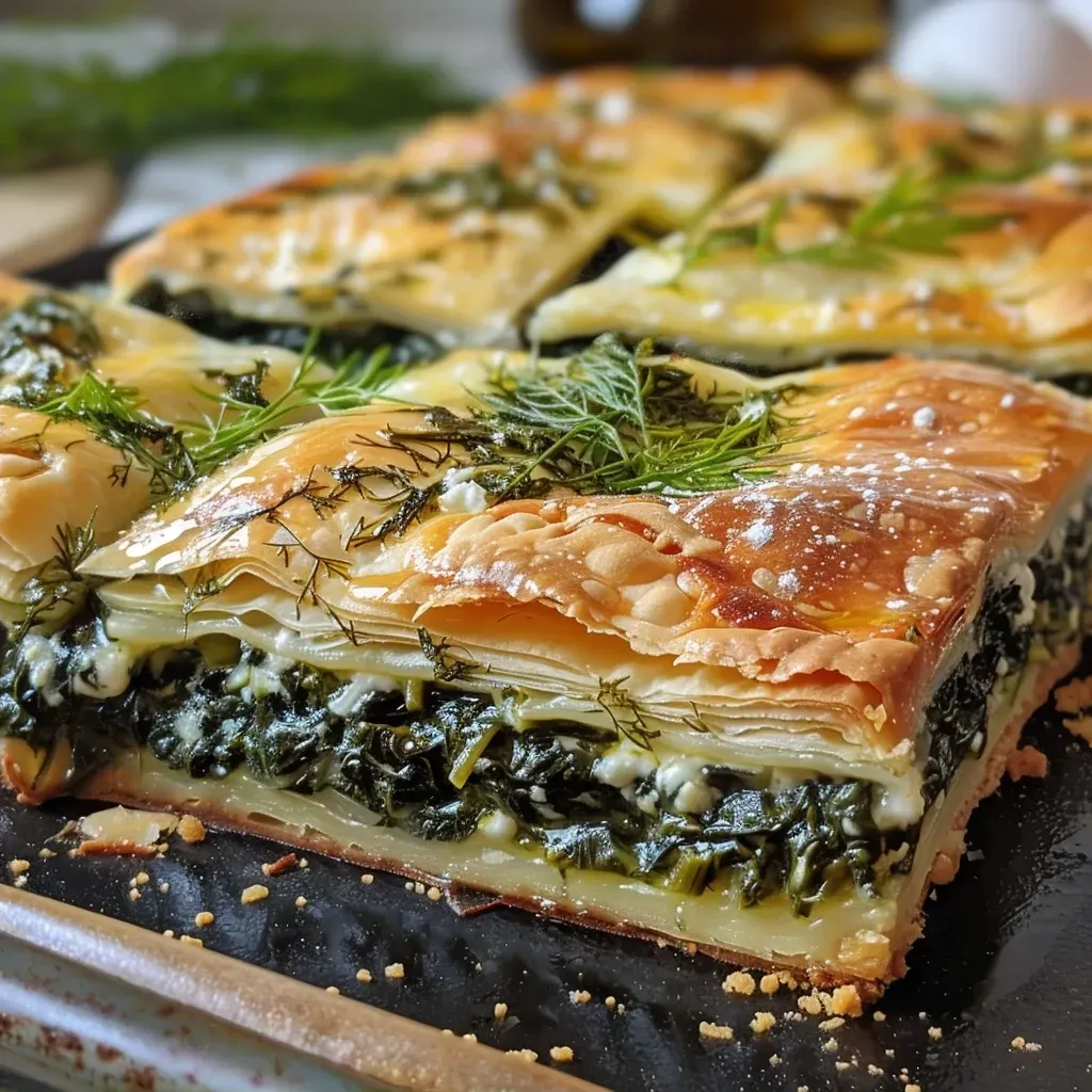 Juicy spinach pie made with feta cheese, showcased from the side.
