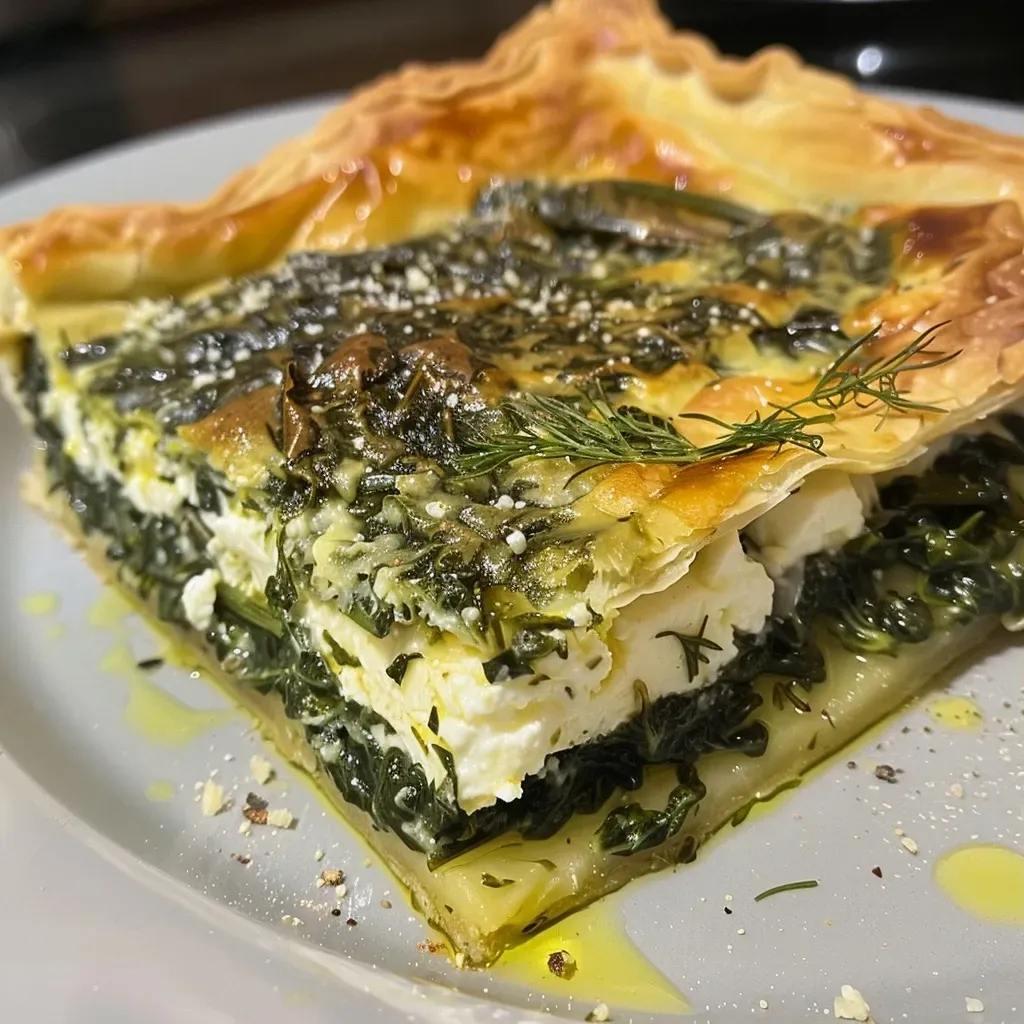 Close-up of a golden-brown Greek spinach pie with flaky crust.