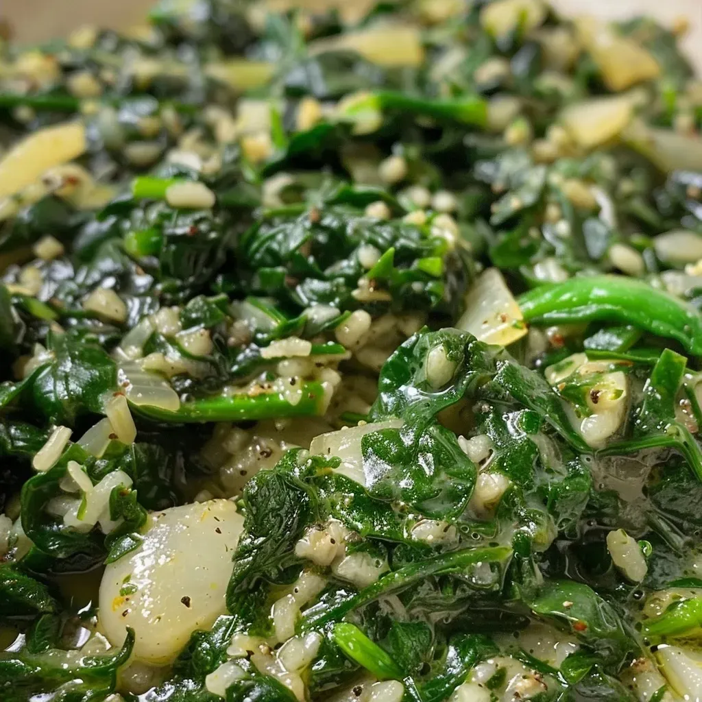 Side angle of a bowl of spinach rice with spring onions and lemon zest.