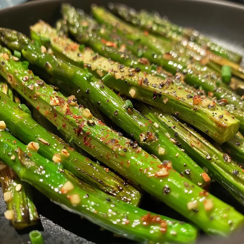 Close-up of crispy green beans cooked in an air fryer, glistening with oil and spices.
