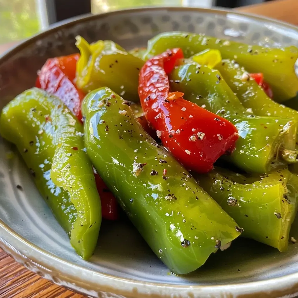 Side view of a dish featuring green beans mixed with sliced peppers, highlighting texture and freshness.