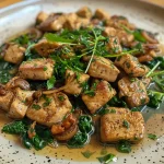 Close-up view of green beans with smoky tofu on a plate.