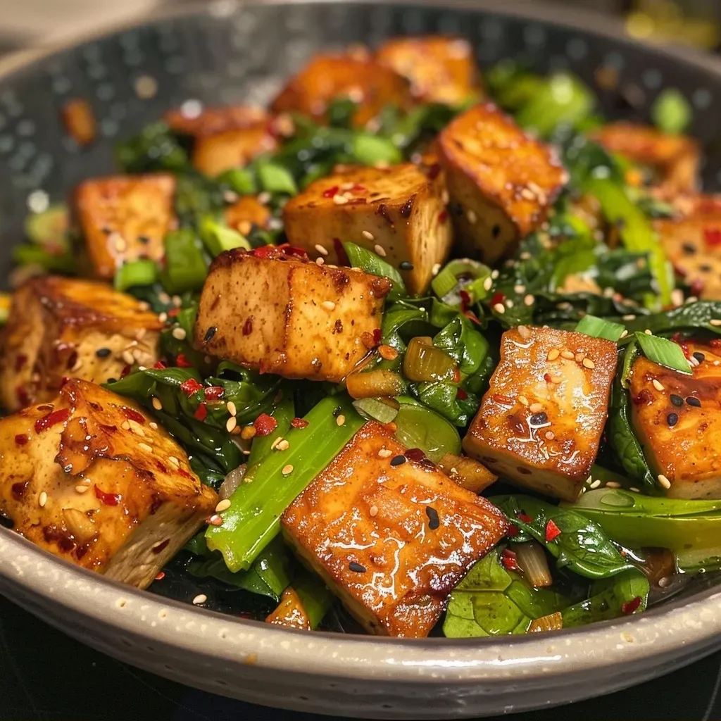 Side angle of Grüne Bohnen served with diced Räuchertofu.