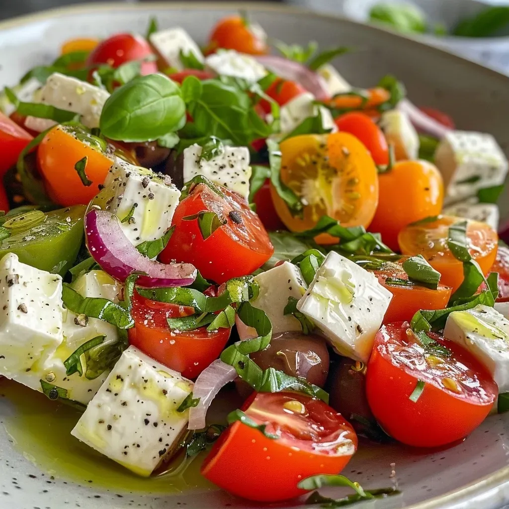 Close-up view of a vibrant Grüne Bohnen Salat with green beans, cherry tomatoes, and feta cheese.