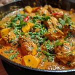 A close-up side view of Gurkha chicken curry featuring tender chicken thighs in a rich, spiced sauce.