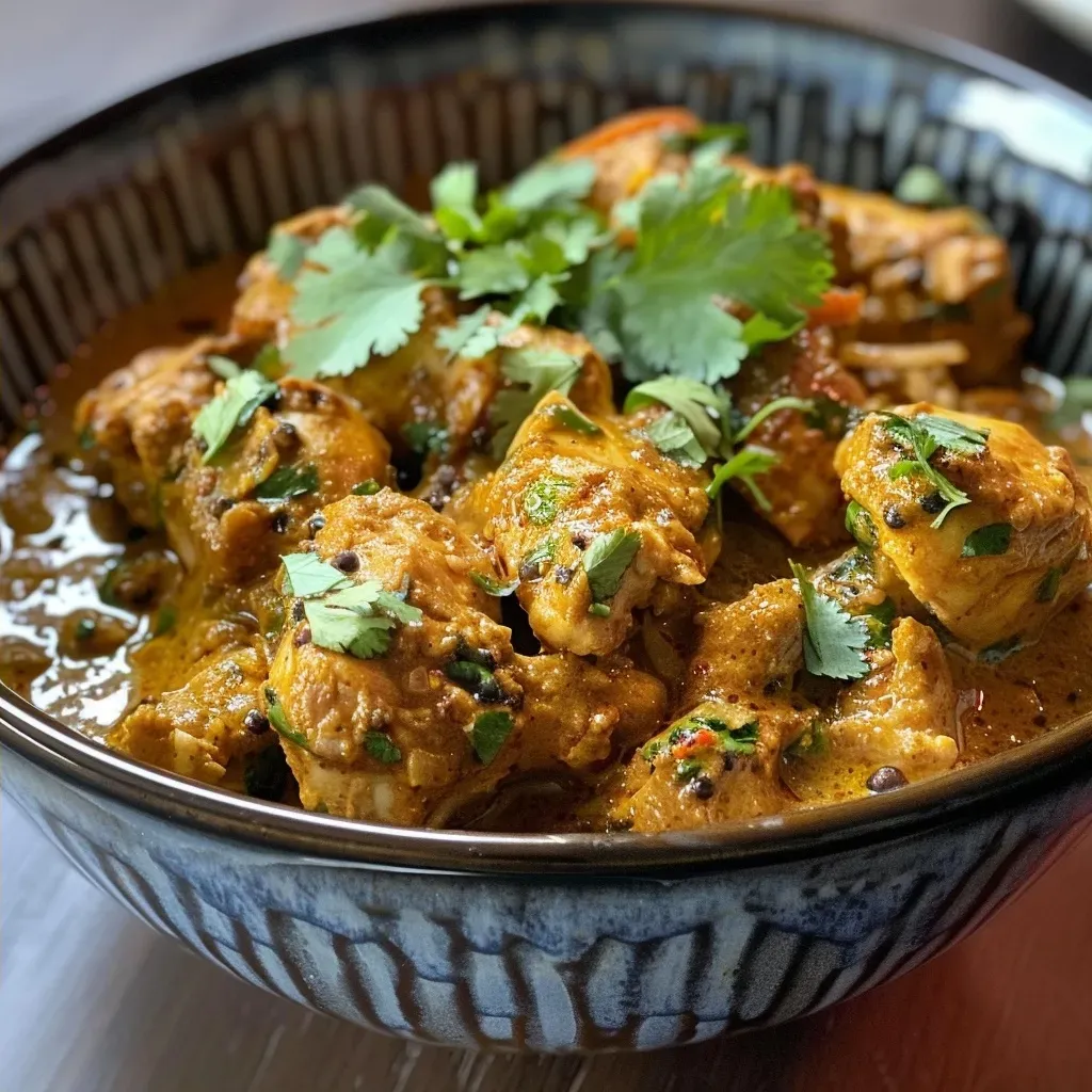 Juicy Gurkha chicken curry with visible spices, garnished with fresh coriander and a hint of steam.