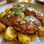 Close-up of juicy chicken breast served with colorful fennel and cherry tomatoes.