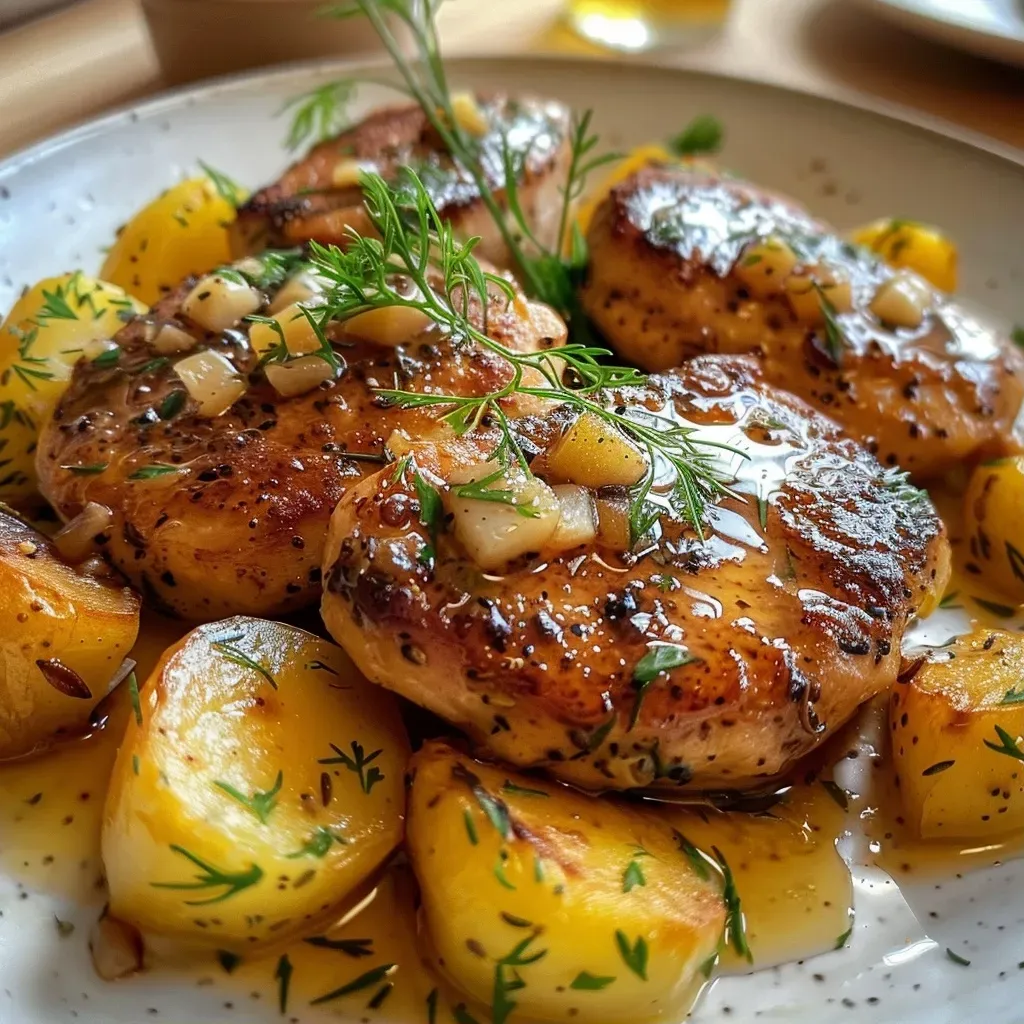 Close-up of juicy chicken breast served with colorful fennel and cherry tomatoes.