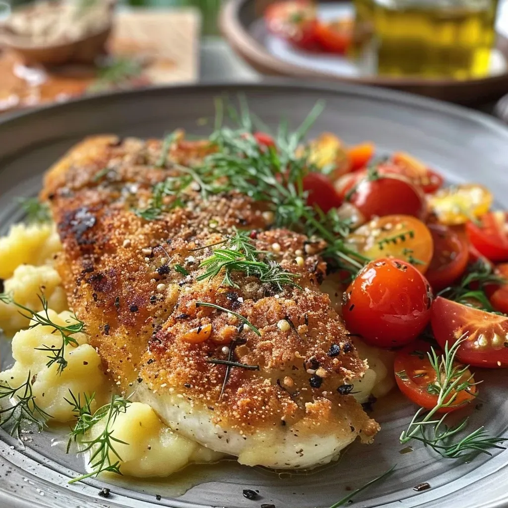 Side view of a plate featuring tender chicken with vibrant fennel and tomatoes.