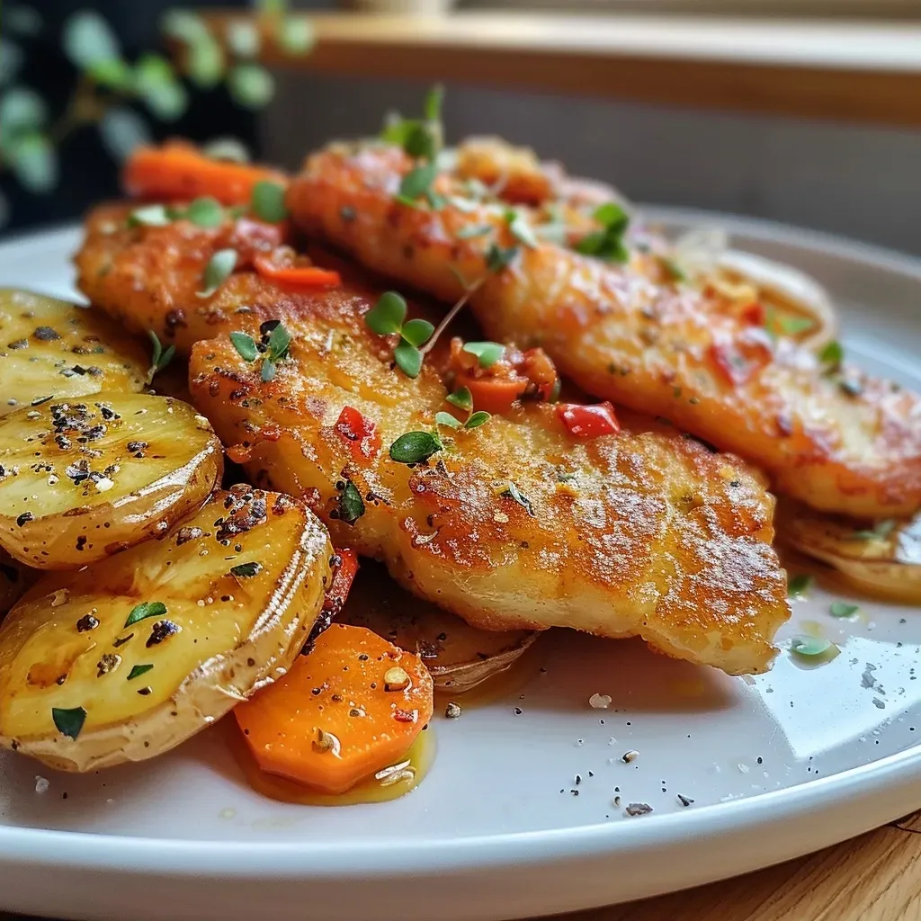Side view of sizzling chicken and sweet potato dish, featuring red onion and bell pepper.