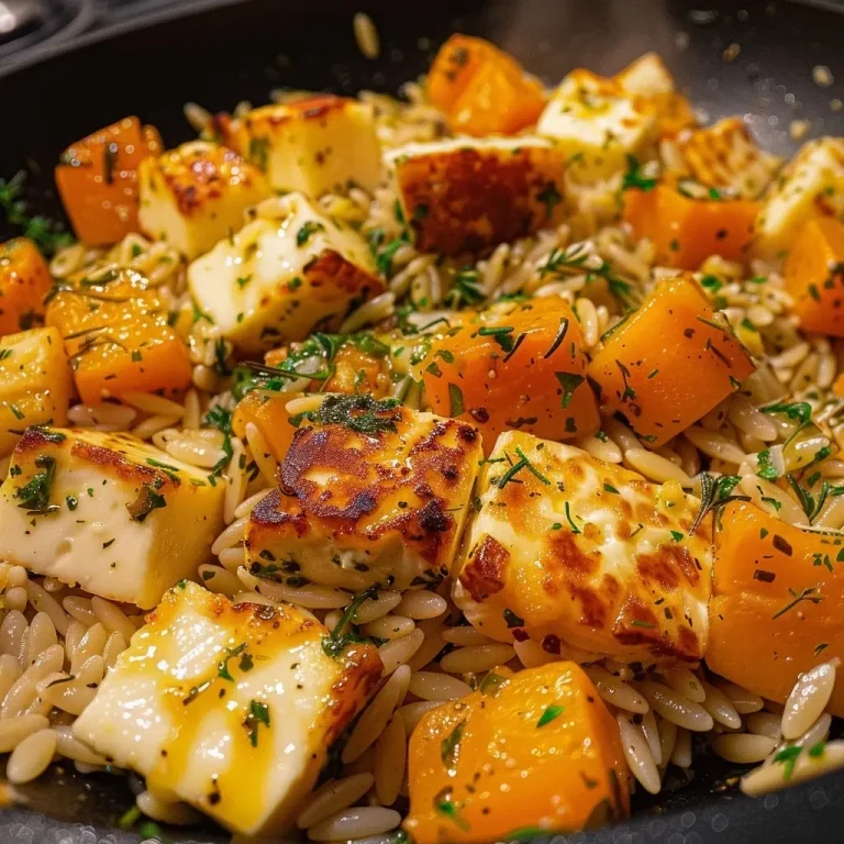 Close-up of a baked Herbstlicher Halloumi Orzo Auflauf with a golden top.
