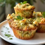 Close-up view of savory mini muffins featuring green beans and pesto, displayed on a wooden surface.