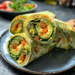 Close-up side view of a colorful high protein vegetable wrap.