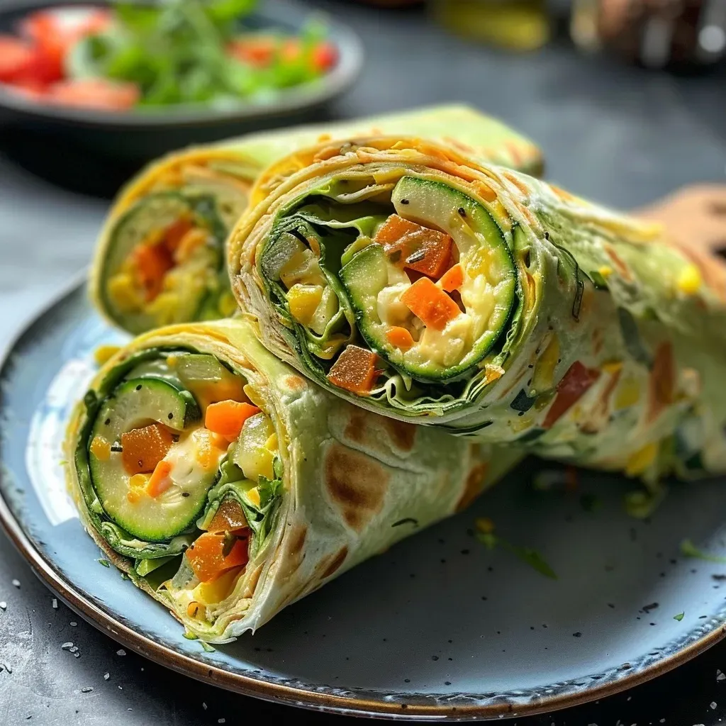 Close-up side view of a colorful high protein vegetable wrap.