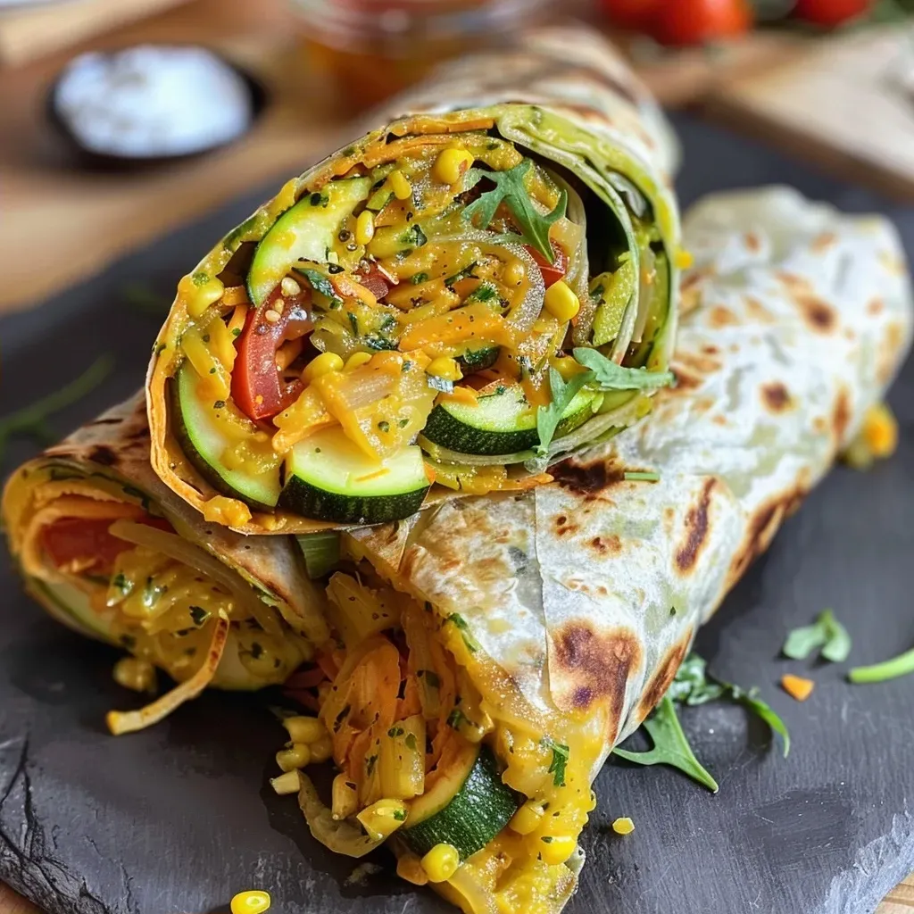 Side angle shot of a nutritious vegetable wrap loaded with ingredients.