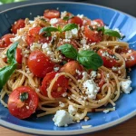 Close-up of a bowl of High Protein One Pot Pasta with Feta, showcasing vibrant cherry tomatoes and golden pasta.