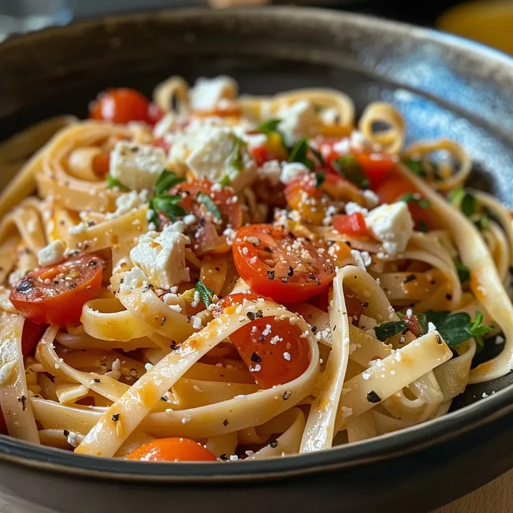 Side view of High Protein One Pot Pasta with Feta, featuring juicy meatballs and fresh herbs visible in the dish.