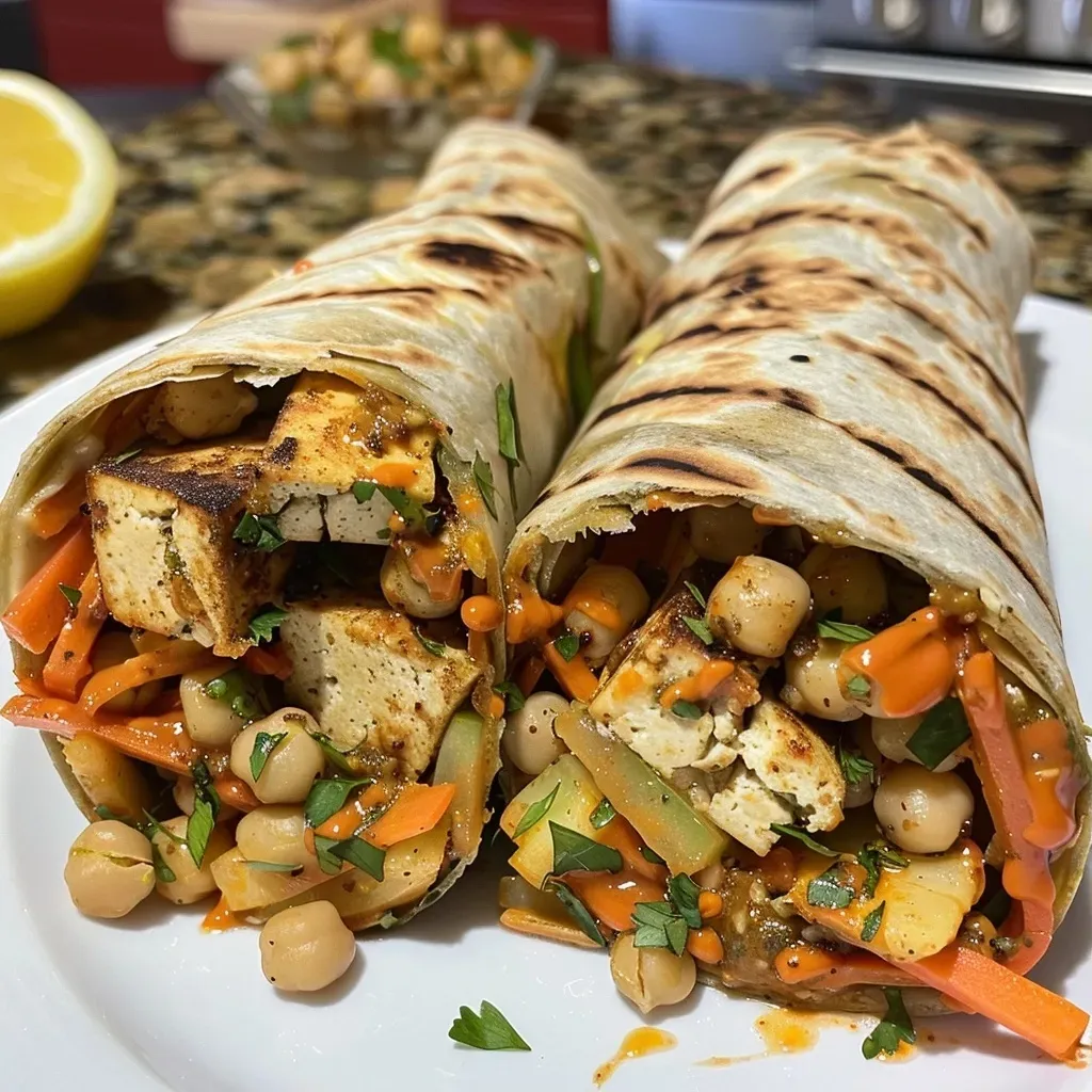 Close-up view of a high-protein veggie wrap filled with colorful vegetables and tofu.
