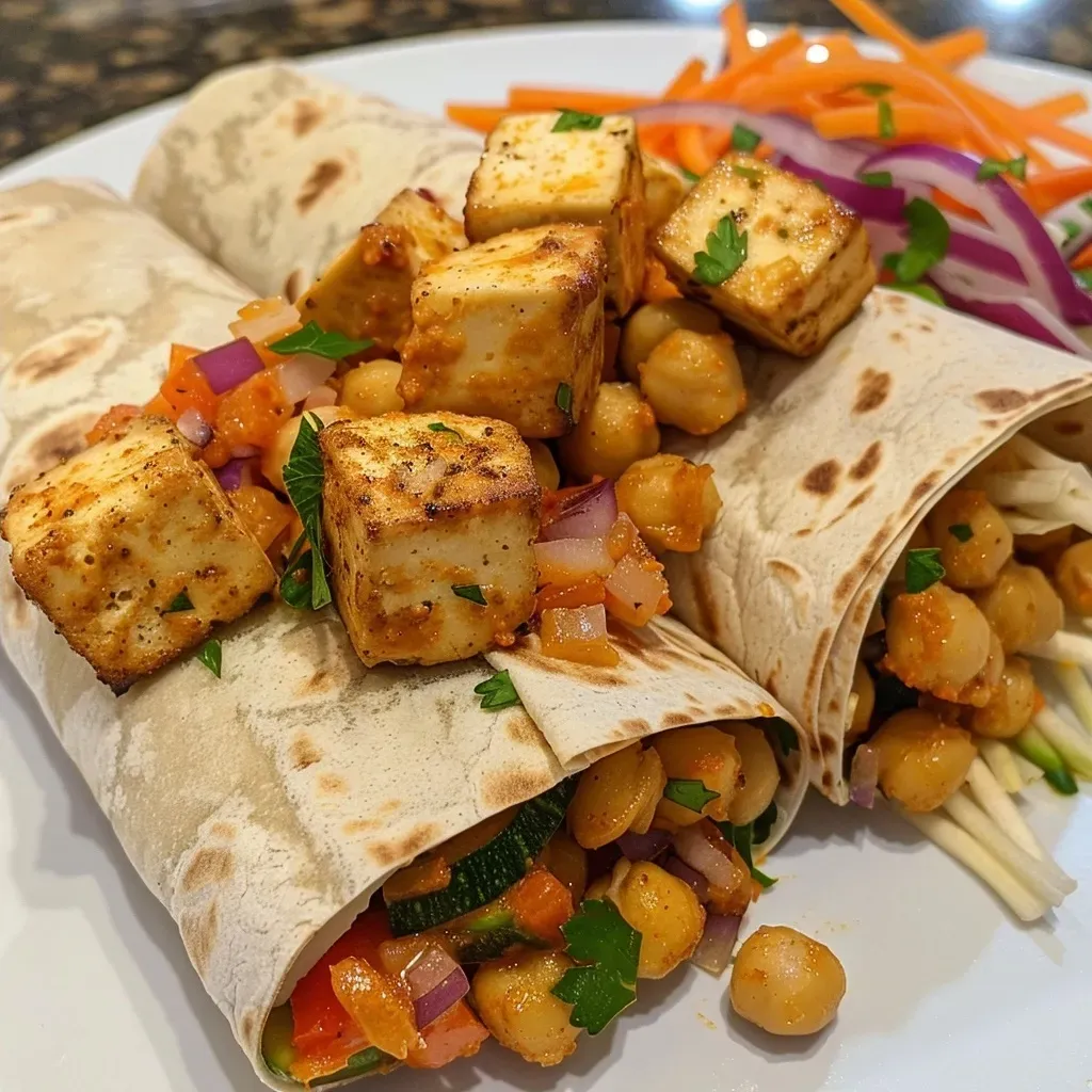 Side view of a juicy veggie wrap with chickpeas, zucchini, and carrot visible inside.