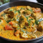 A close-up view of a juicy chicken and pea curry in a bowl, highlighting its vibrant colors and texture.