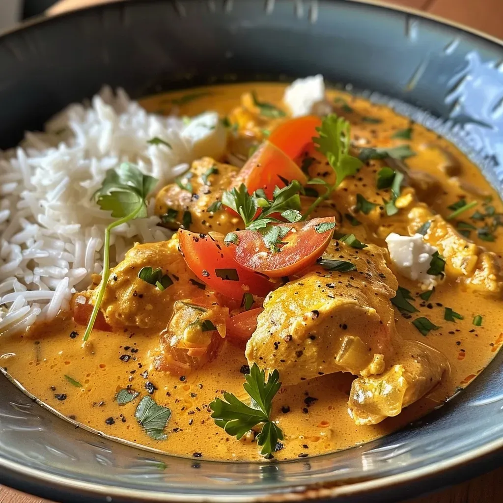 Side angle of a creamy chicken curry with peas, garnished with chunks of tomato and feta cheese.