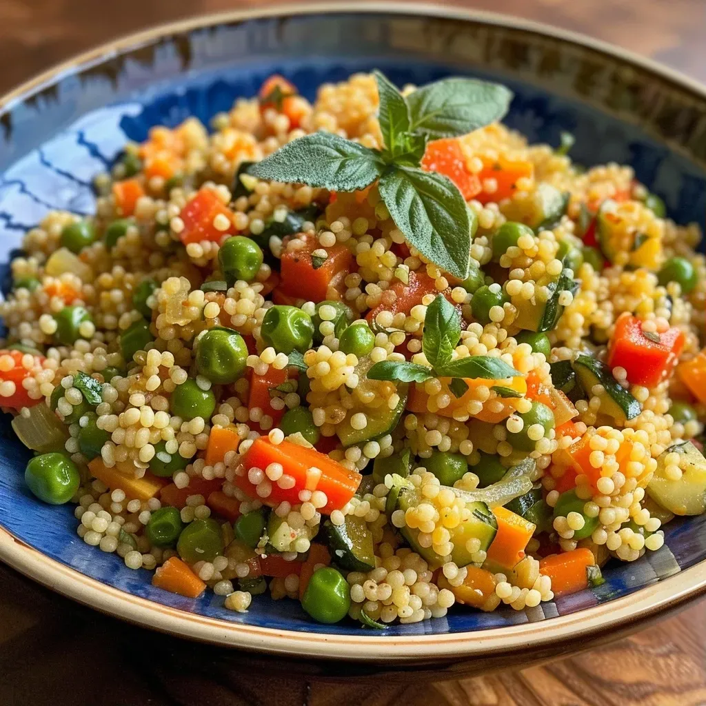 A close-up view of a bowl of Italian couscous with colorful vegetables, highlighting the textures and freshness.