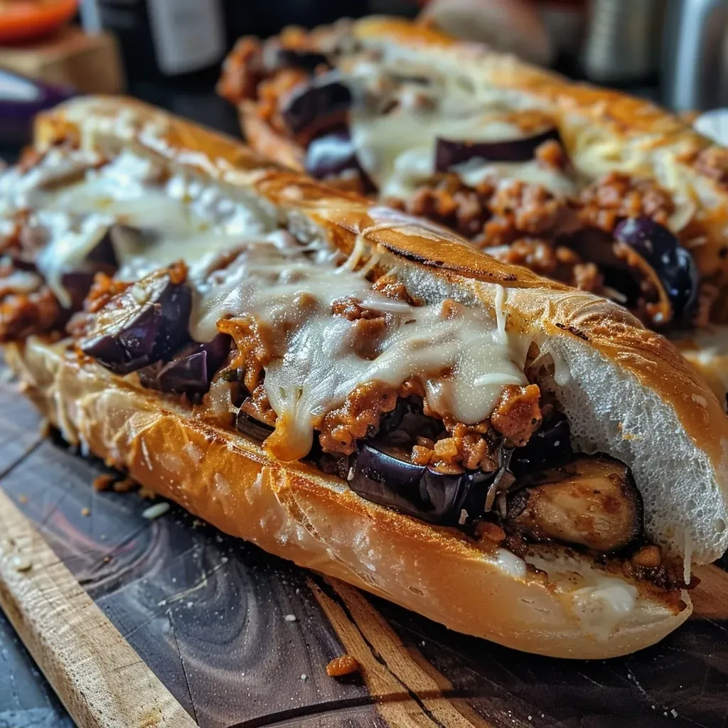 Close-up of a juicy Italo Sub featuring ground meat and vegetables in a baguette.