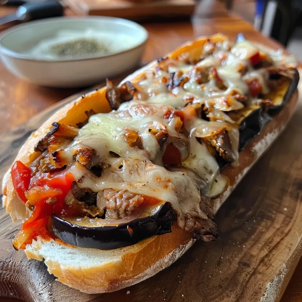 Side view of a delicious stuffed baguette with aubergine and parmesan.