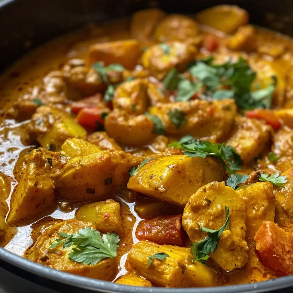 Juicy carrot curry with herbs and garnishes in a bowl.