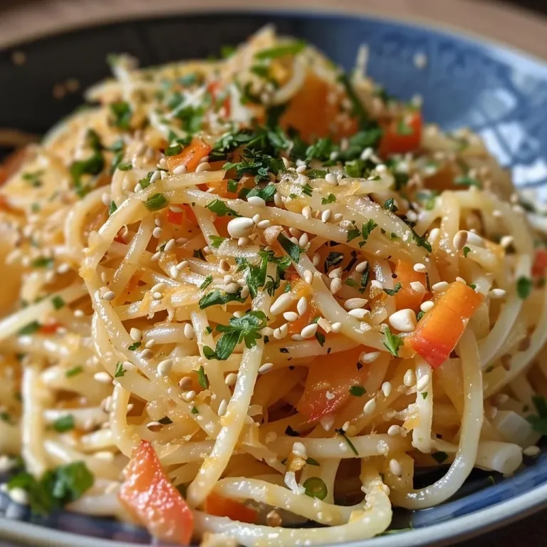 ['Close-up view of Asian carrot noodles with peanut sauce, showing vibrant colors and textures.', 'Side photo of delicious carrot noodles topped with creamy peanut sauce, garnished with herbs and peanuts.', 'Juicy carrot noodles intertwined with rich peanut sauce, featuring fresh herbs and crunch from peanuts.', 'Detailed shot of flavorful carrot noodles drizzled with peanut sauce, highlighting vibrant carrot julienne.']