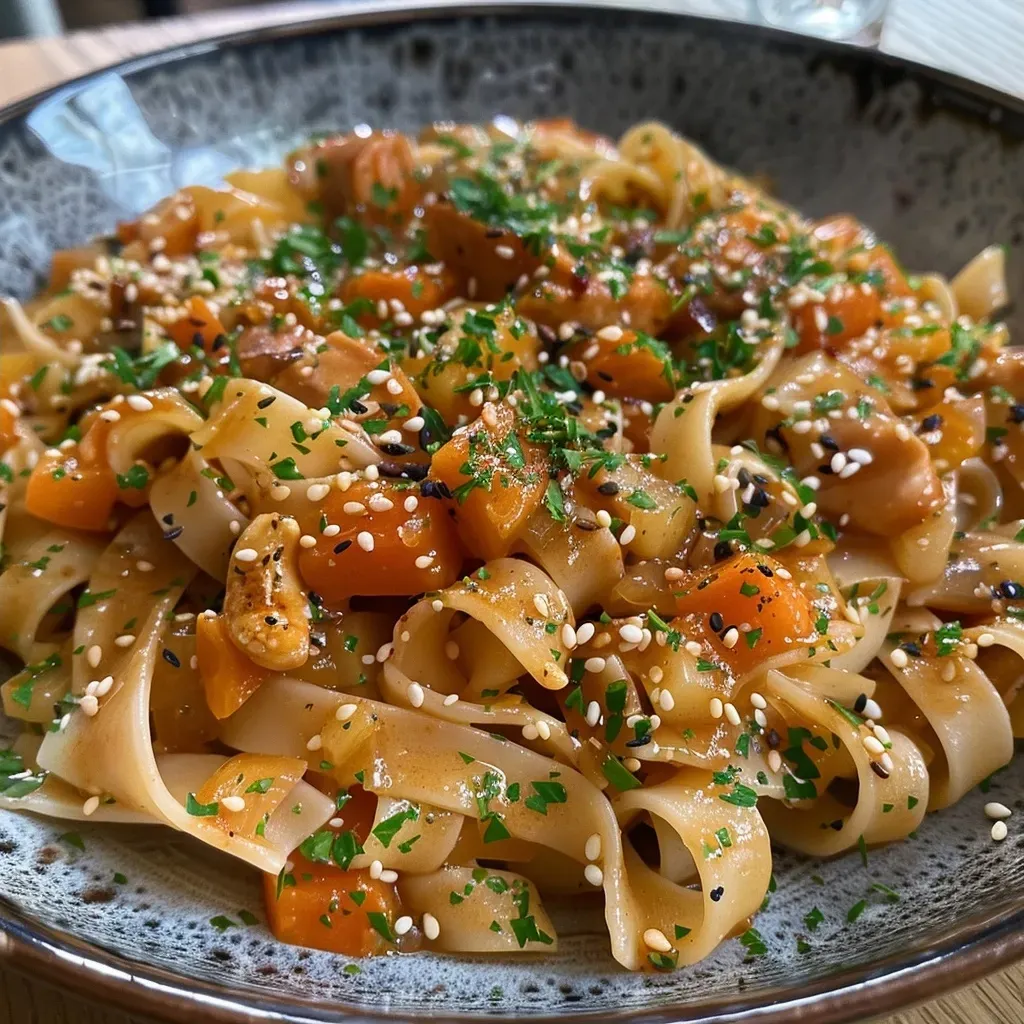 Close-up view of vibrant carrot noodles topped with fresh herbs and Parmesan.