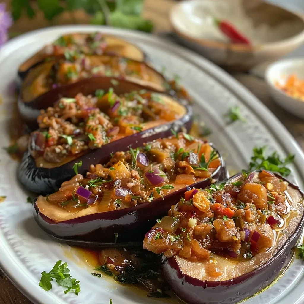 Side view of a plated Keto Aubergine mit Hackfleisch, garnished with herbs and yogurt.