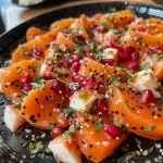 Close-up of sliced Kürbis Carpaccio topped with Burrata and garnished with pomegranate seeds and nuts.