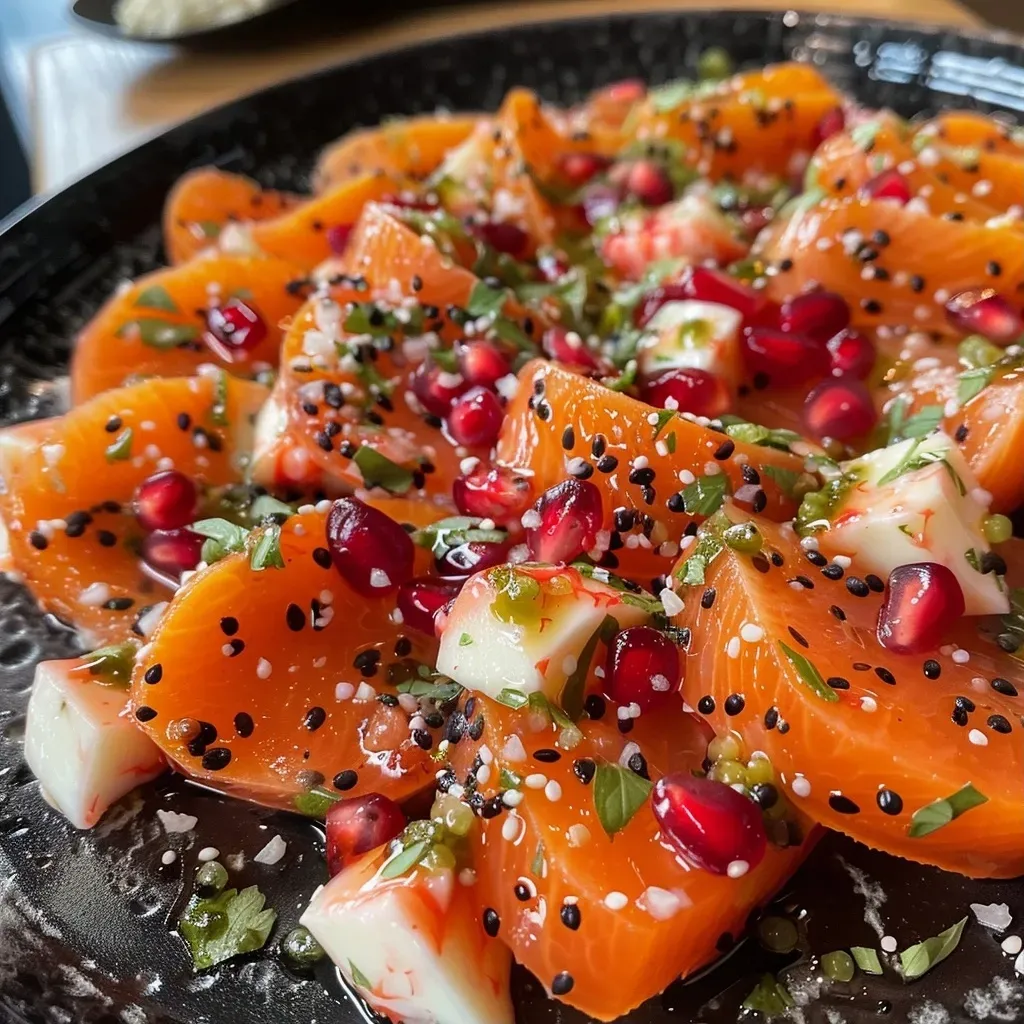 Close-up of sliced Kürbis Carpaccio topped with Burrata and garnished with pomegranate seeds and nuts.