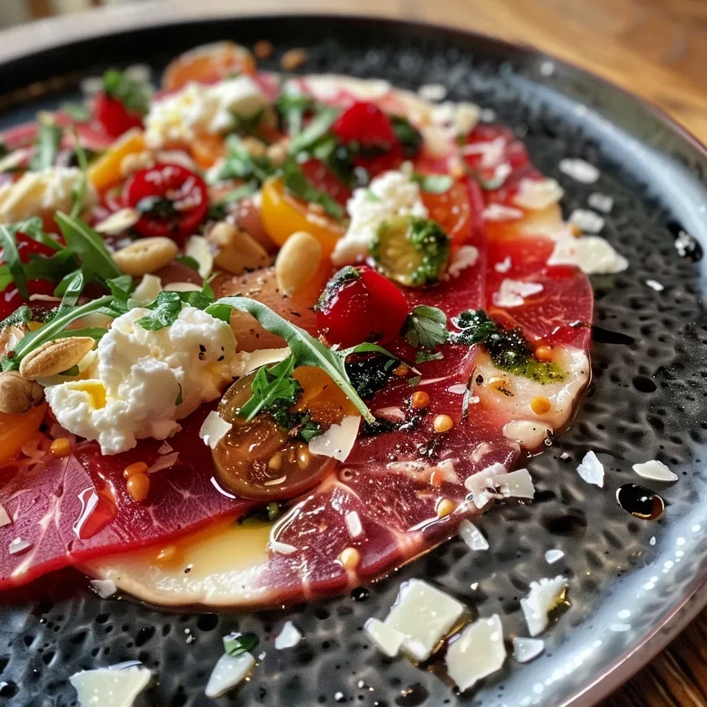 Side view of vibrant Kürbis Carpaccio with creamy Burrata, sprinkled with spices and colorful toppings.