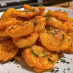 Close-up view of golden-brown Hokkaido pumpkin slices, perfectly crisped in an air fryer.