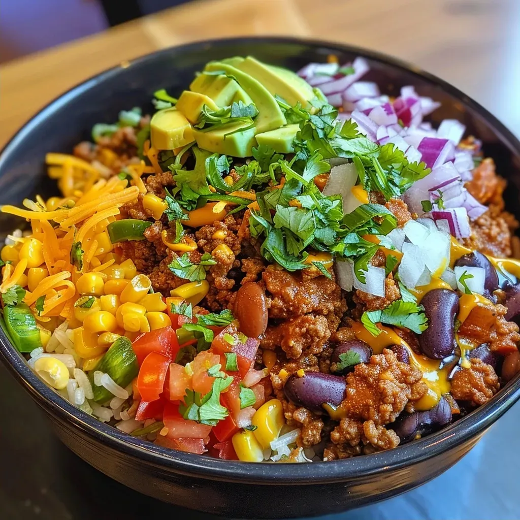 Close-up image of a delicious Kürbis Taco Bowl featuring pumpkin and toppings.