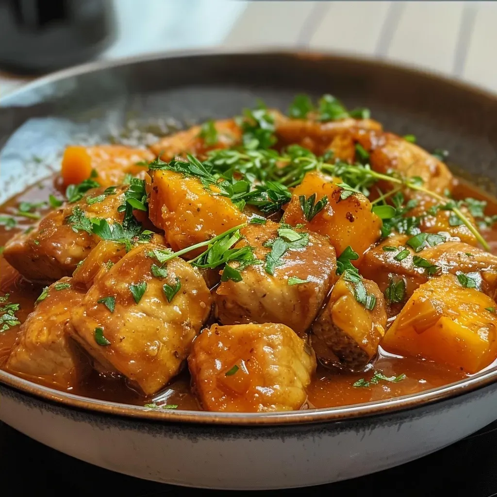 Side view of a baked Kürbis-Thunfisch dish, highlighting the creamy texture and vegetable chunks.