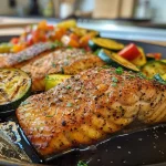 ['Juicy salmon skewers with zucchini, bell pepper, and onion on a plate.', 'Close-up of freshly grilled salmon skewers garnished with vegetables.', 'Delicious salmon kebabs featuring colorful veggies, displayed side view.', 'Tasty salmon skewers with zucchini and red onion, ready to eat.']