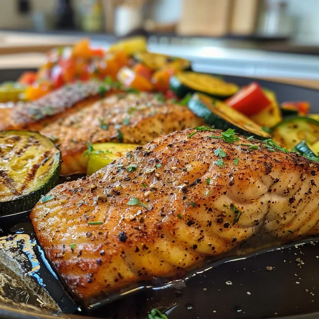 Juicy salmon skewers with zucchini, bell pepper, and onion on a plate.