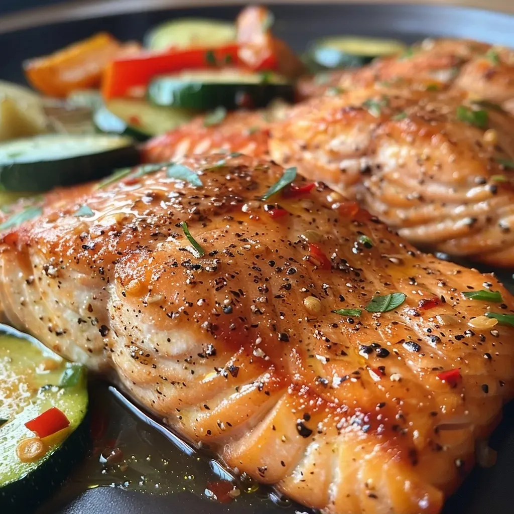 Juicy salmon skewers with zucchini, bell pepper, and onion on a plate.