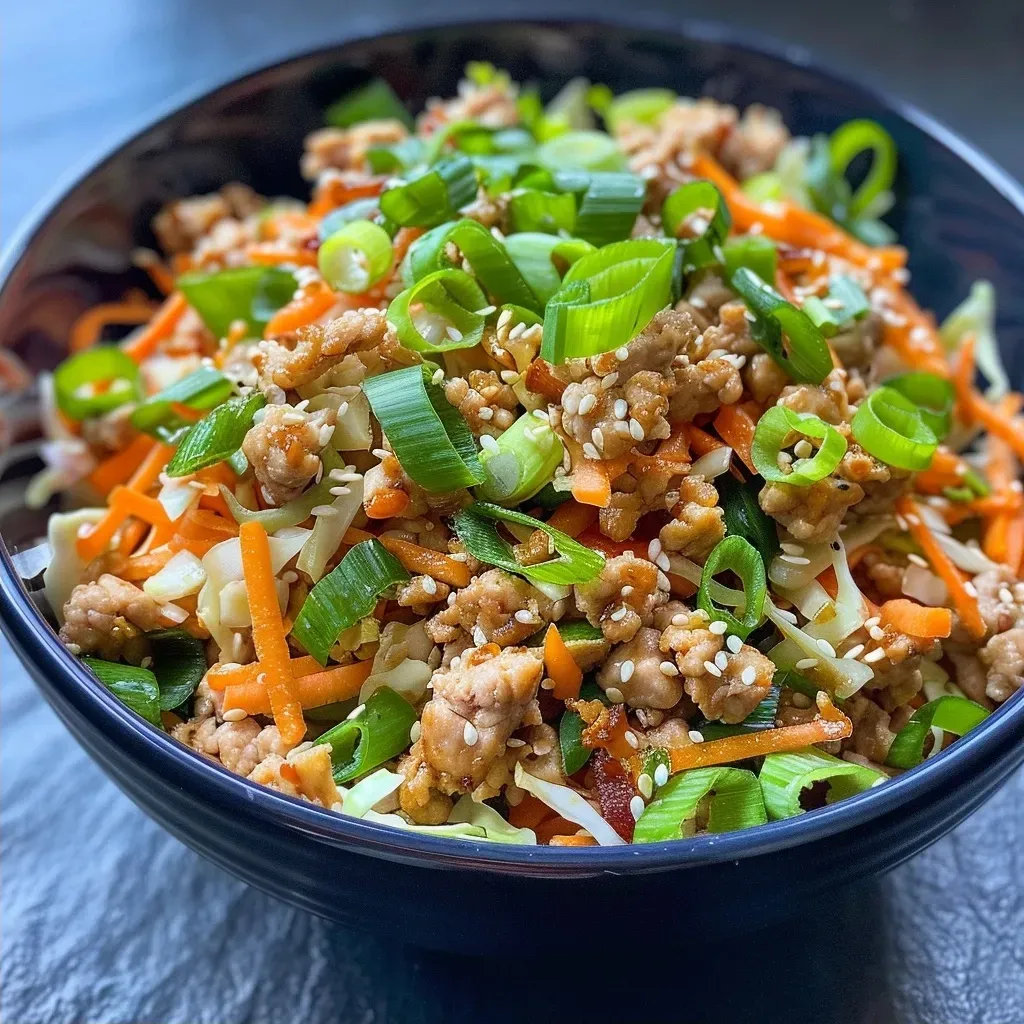 A vibrant dish featuring ground chicken, shredded cabbage, and carrots in a bowl.