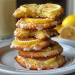 Close-up view of a lemon cookie with a glossy finish and visible lemon zest.