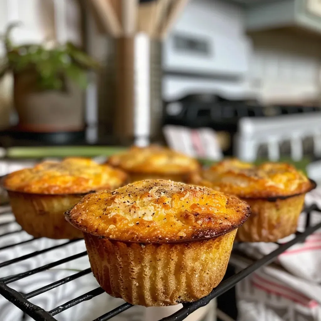 Side view of juicy low carb muffins showcasing a golden-brown exterior and visible cheese.