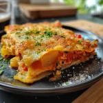 Close-up shot of a delicious Maisauflauf with vibrant peppers and a golden topping.
